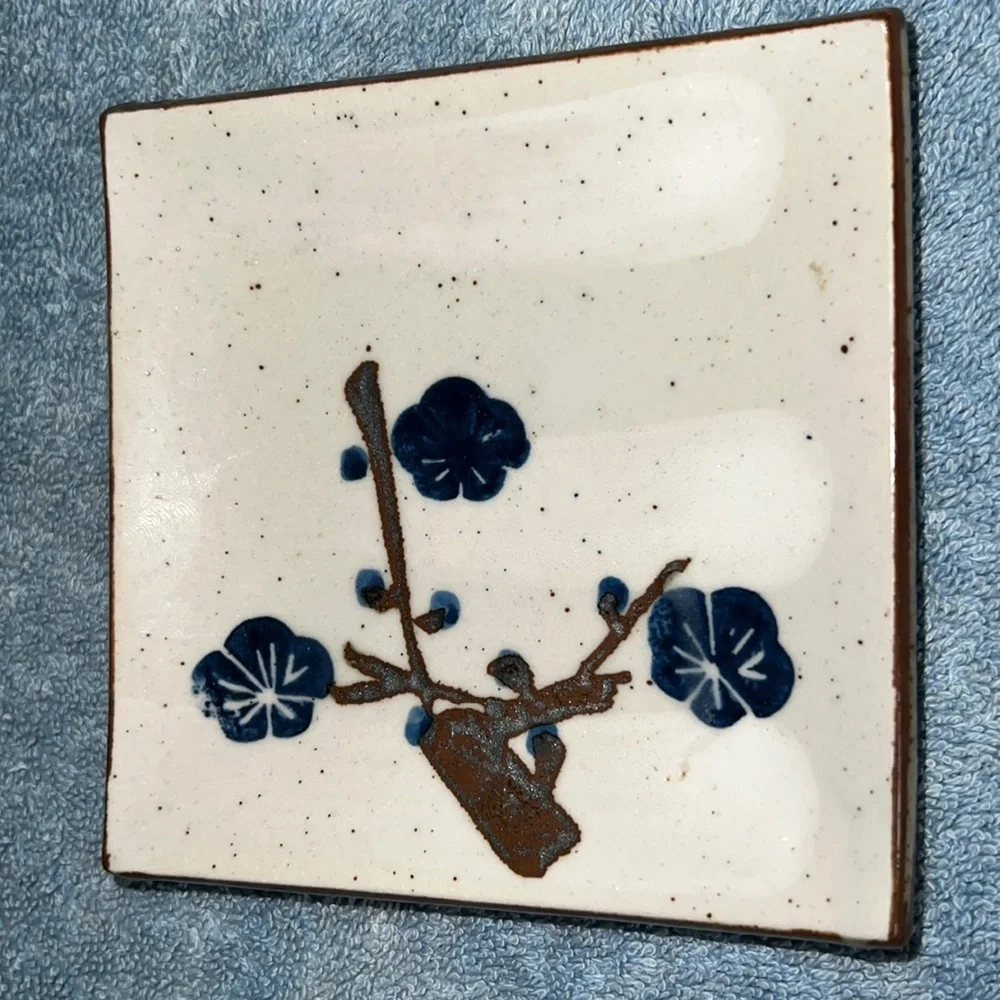 Vintage OMC Japanese ceramic square sushi style plates with hand painted design